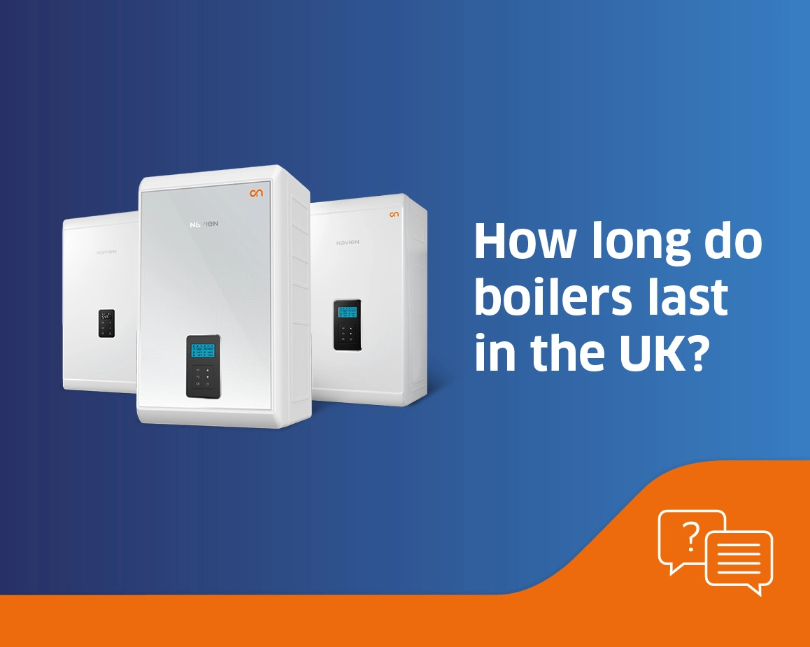 Gas boilers on a blue background around how long do boilers last in the UK?